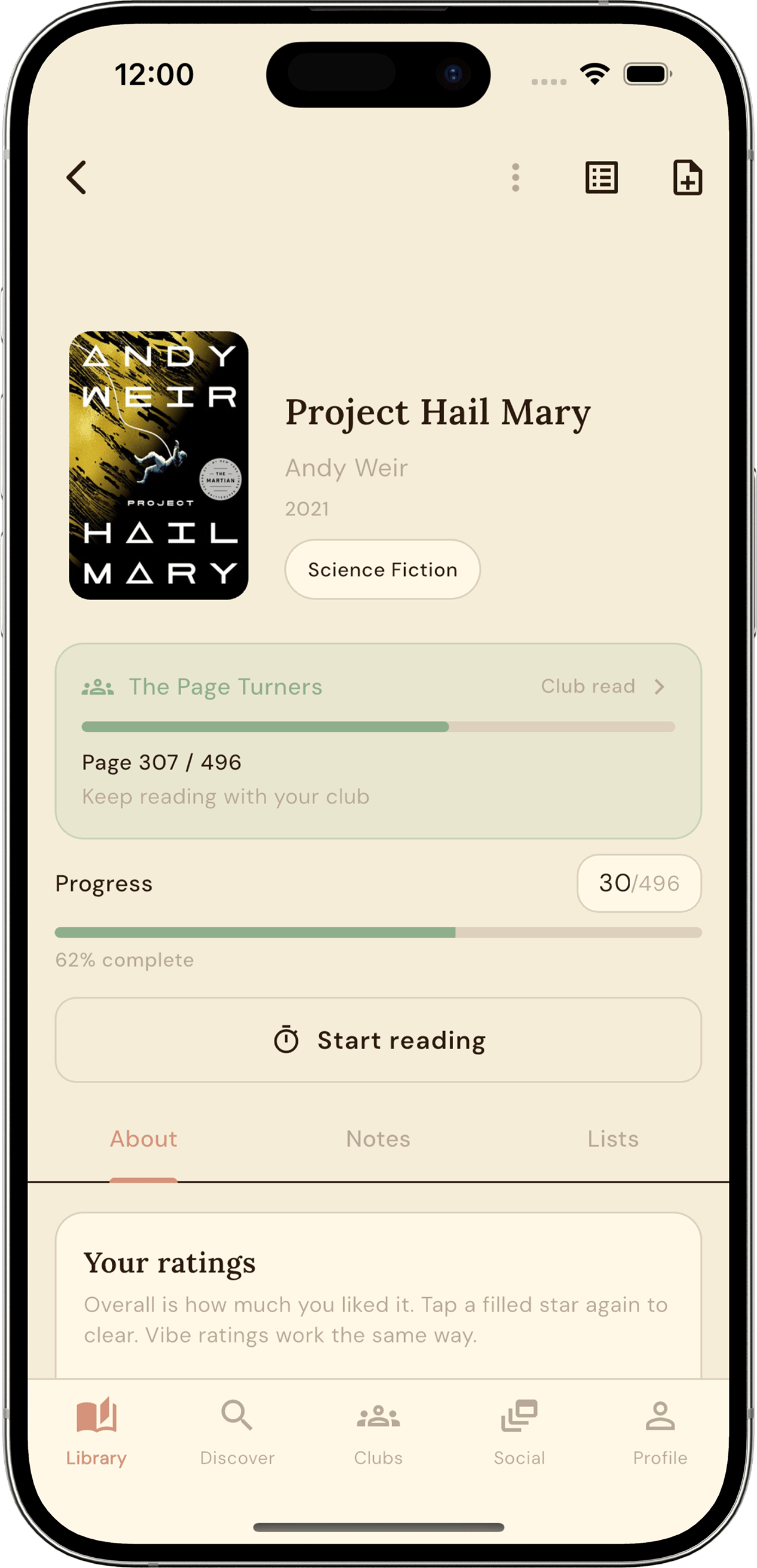 Quilld book detail screen showing reading progress, club progress, and ratings for a science fiction novel