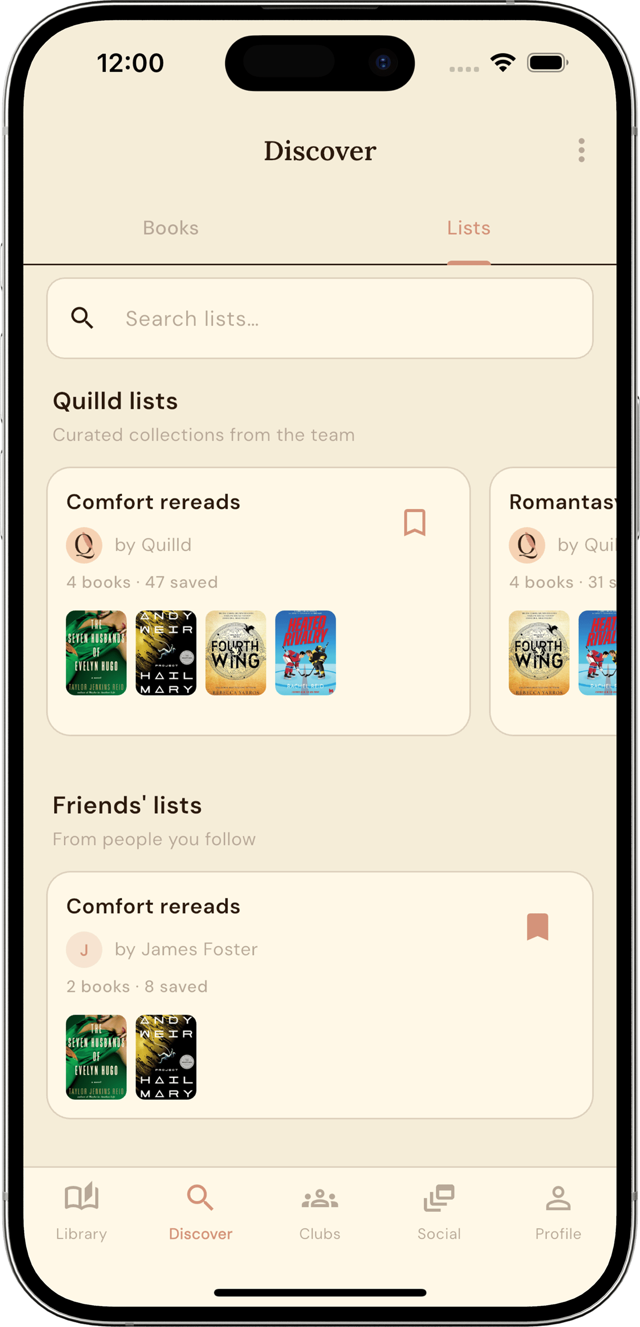 Quilld Discover screen showing curated book lists and friends reading lists