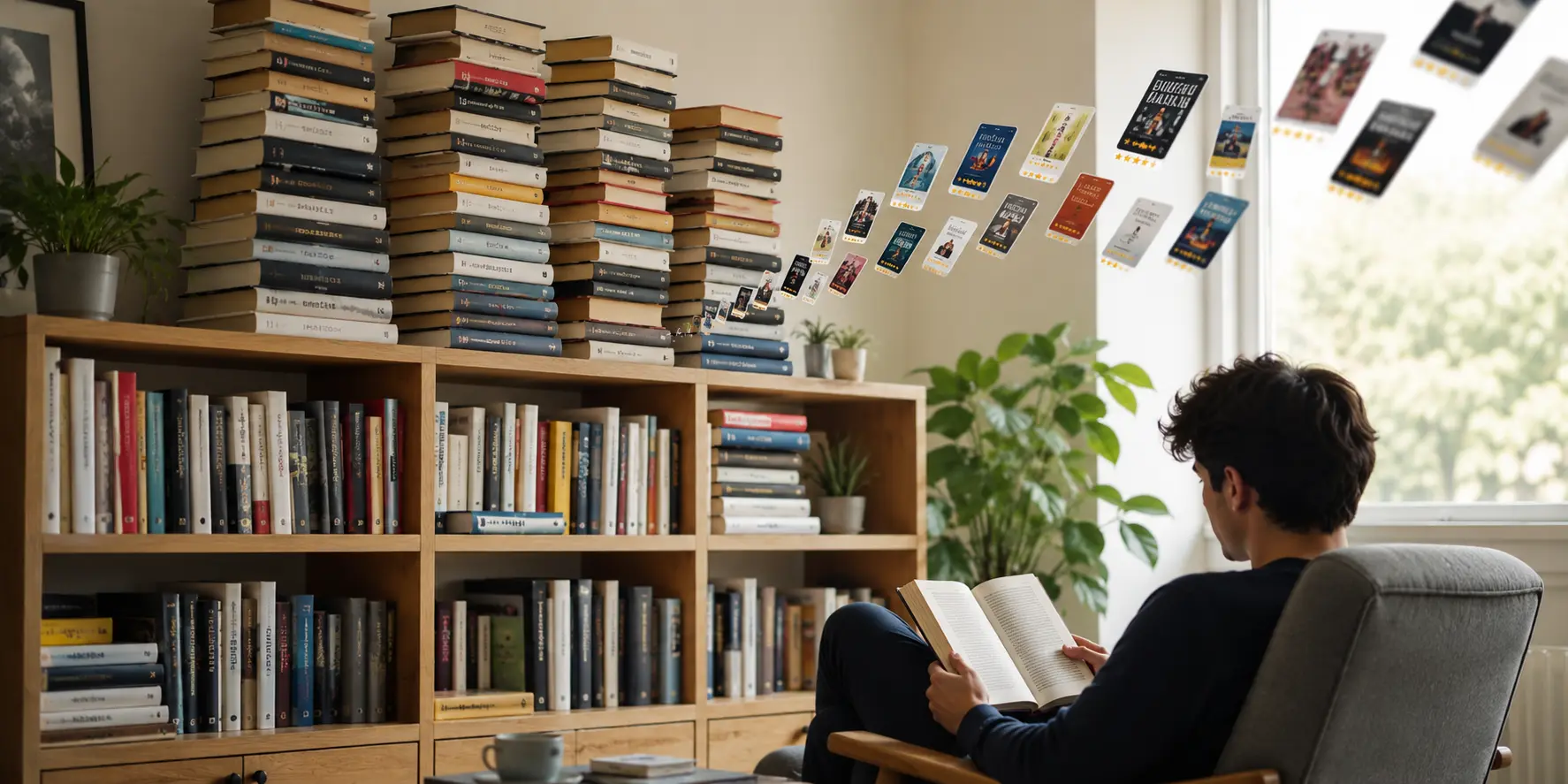 Man reading by a bookshelf as digital book covers float away, showing how to organize a digital TBR reading list