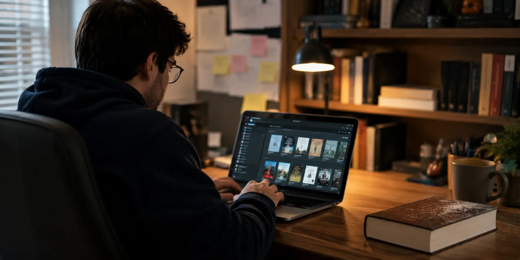 A man sits at a desk using a laptop to organize a digital list of books for his custom TBR reading tracking.