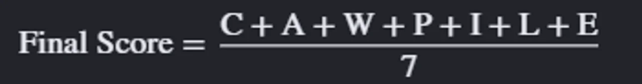 The CAWPILE formula: add the seven category scores, divide by seven, then multiply by two for a rating out of ten.