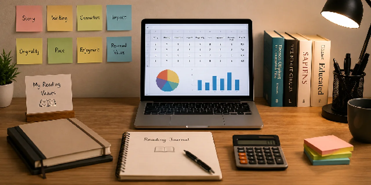 Desk setup showing how sticky notes and a laptop spreadsheet are used to rate books by criteria like story and pace.