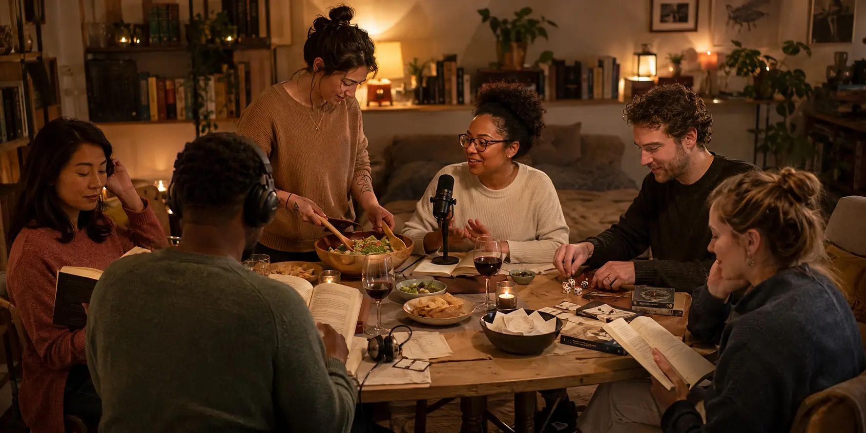 A small group of friends reading books and talking around a dinner table, learning how to run a book club meeting.