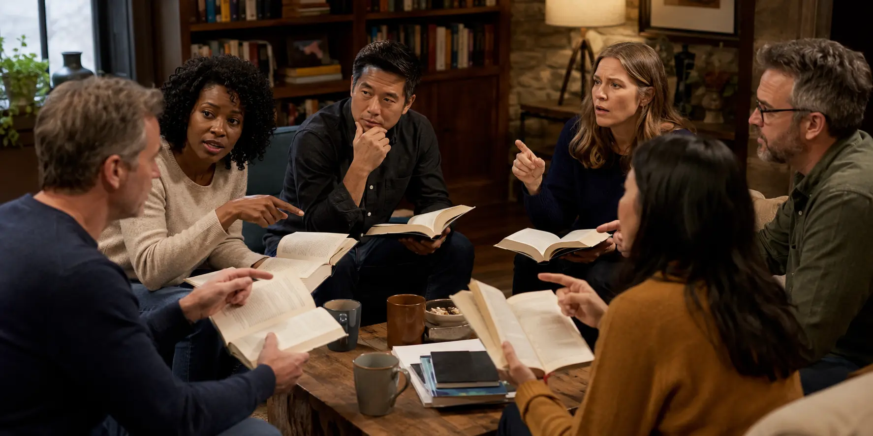 Six people sitting around a coffee table in a cozy living room holding open books, learning how to run a small group club.