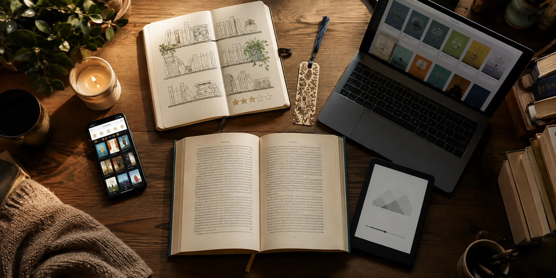 Hand-drawn book journal next to digital devices used to track personal reading progress without messy spreadsheets.